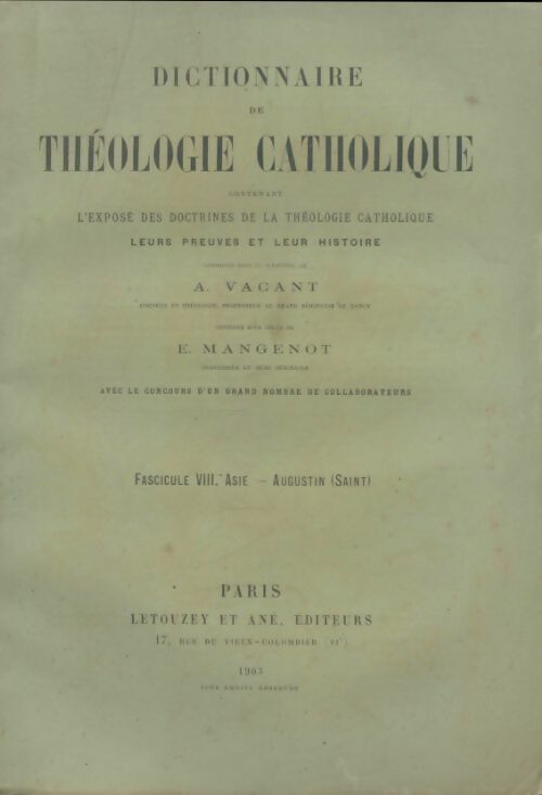 Livrenpoche : Dictionnaire de théologie catholique fascicule VIII - A Vacant - Livre