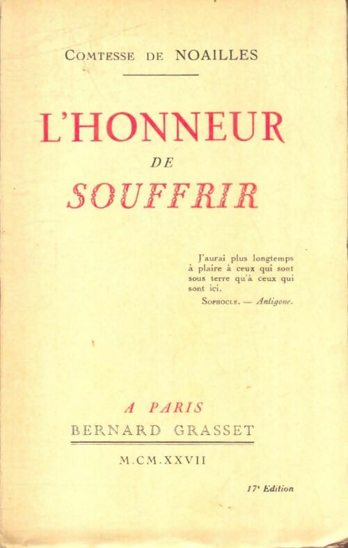 Livrenpoche : L'honneur de souffrir - Comtesse De Noailles - Livre