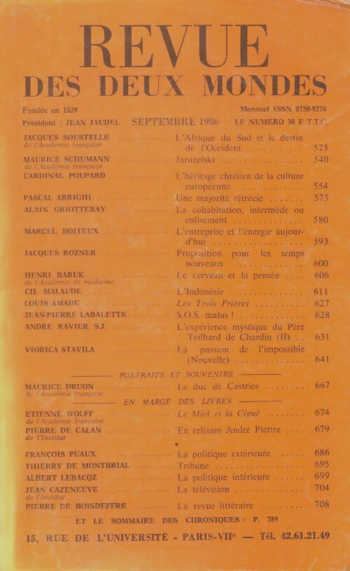 Livrenpoche : Revue des deux mondes septembre 1986 - Collectif - Livre
