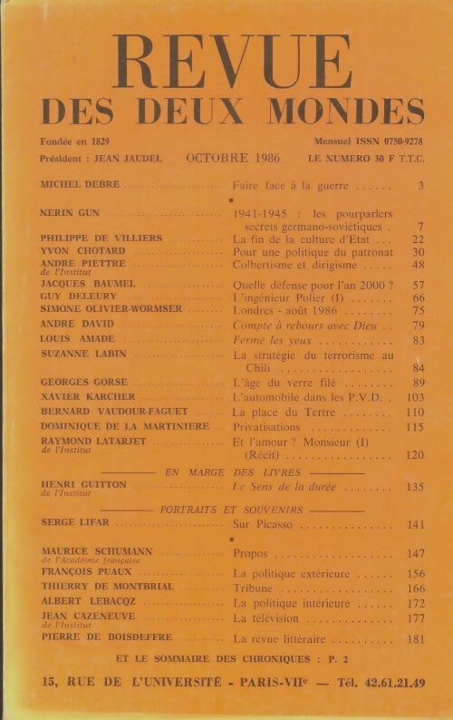 Livrenpoche : Revue des deux mondes octobre 1986 - Collectif - Livre