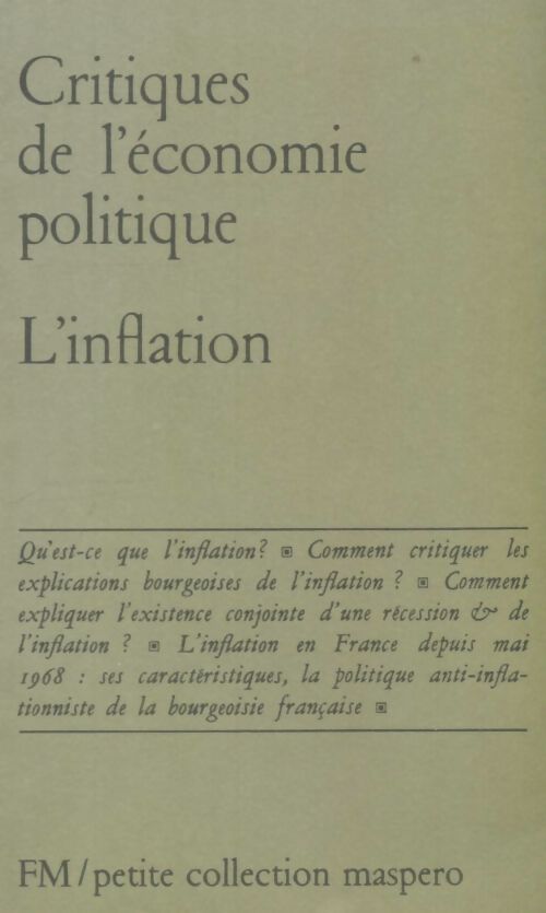 Livrenpoche : Critiques de l'économie politique n°1 : L'inflation - Collectif - Livre