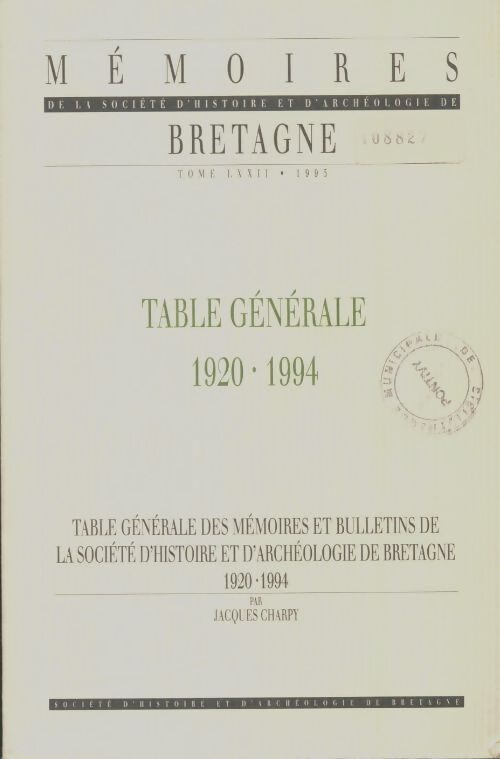 Livrenpoche : Mémoires de la société d'histoire et d'archéologie de Bretagne Tome LXXII 1995 - Collectif - Livre
