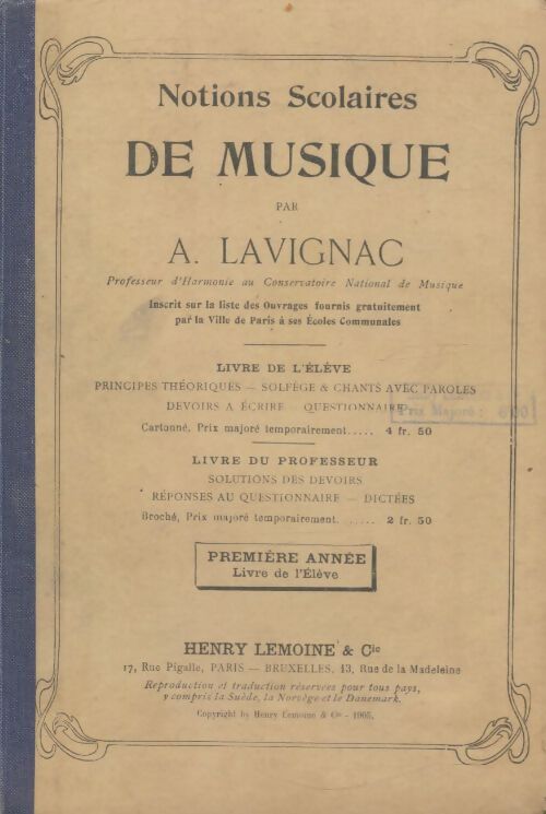 Livrenpoche : Notions scolaires de musique 1ère année  - A. Lavignac - Livre