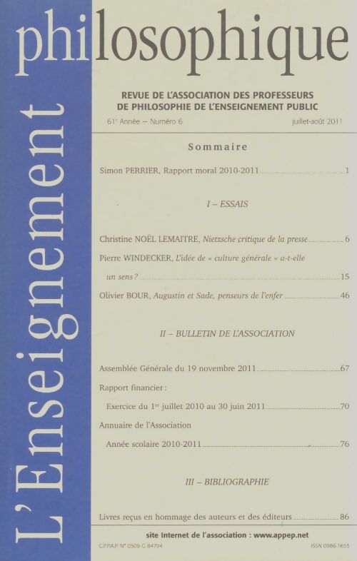 Livrenpoche : L'enseignement philosophique 61e année n°6 - Collectif - Livre