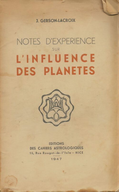 Livrenpoche : Notes d'expérience sur l'influence des planètes - J Gerson-Lacroix - Livre