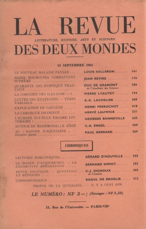 Revue des deux mondes 15 septembre 1961 - Collectif - Livre