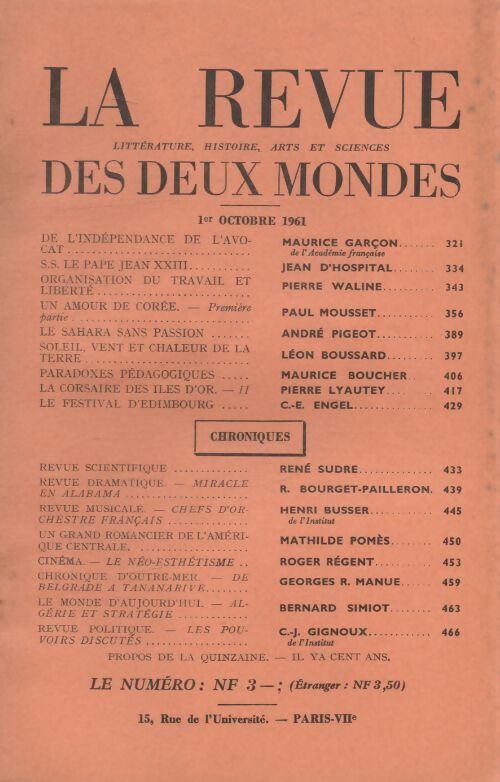 Revue des deux mondes octobre 1961 - Collectif - Livre