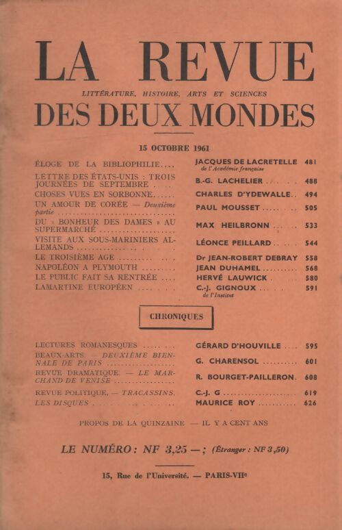 Revue des deux mondes 15 octobre 1961 - Collectif - Livre