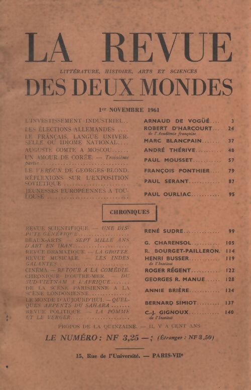 Revue des deux mondes novembre 1961 - Collectif - Livre