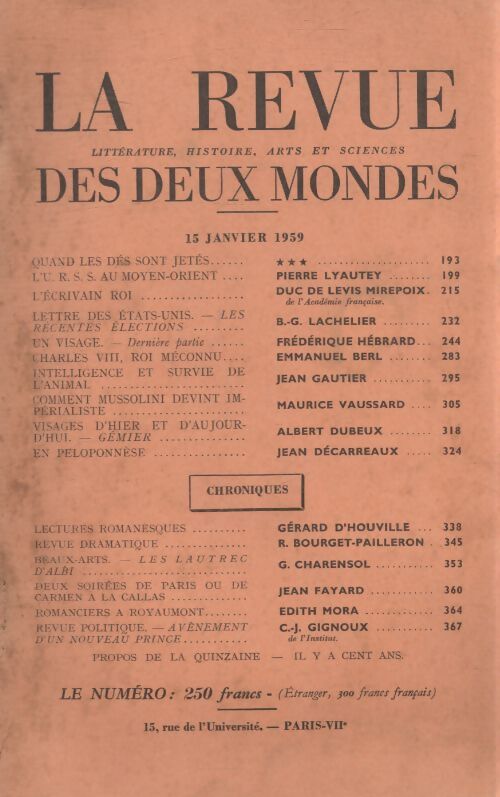 Revue des deux mondes 15 janvier 1959 - Collectif - Livre