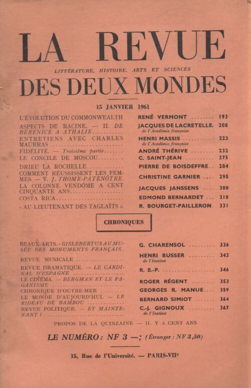La revue des deux mondes 15 janvier 1961 - Collectif - Livre