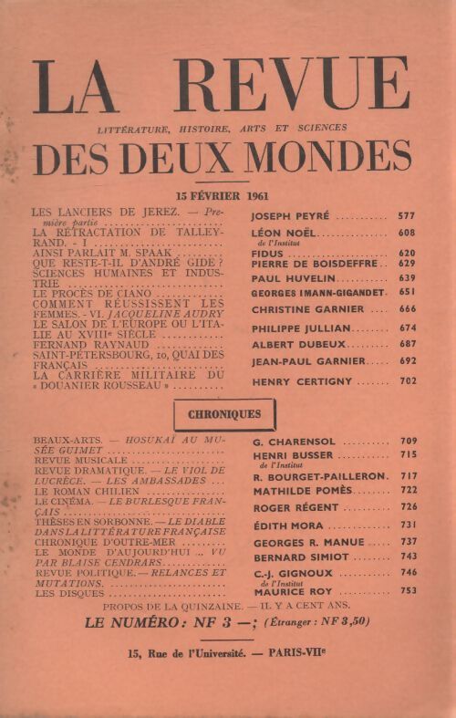 Revue des deux mondes 15 février 1961 - Collectif - Livre