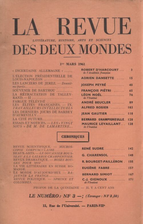 Revue des deux mondes mars 1961 - Collectif - Livre