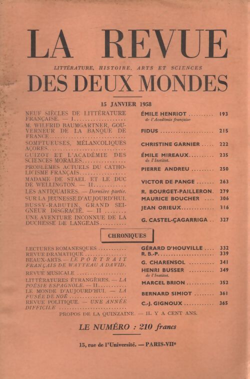 Revue des deux mondes 15 janvier 1958 - Collectif - Livre