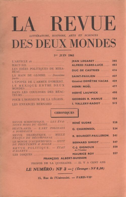 Revue des deux mondes juin 1961 - Collectif - Livre