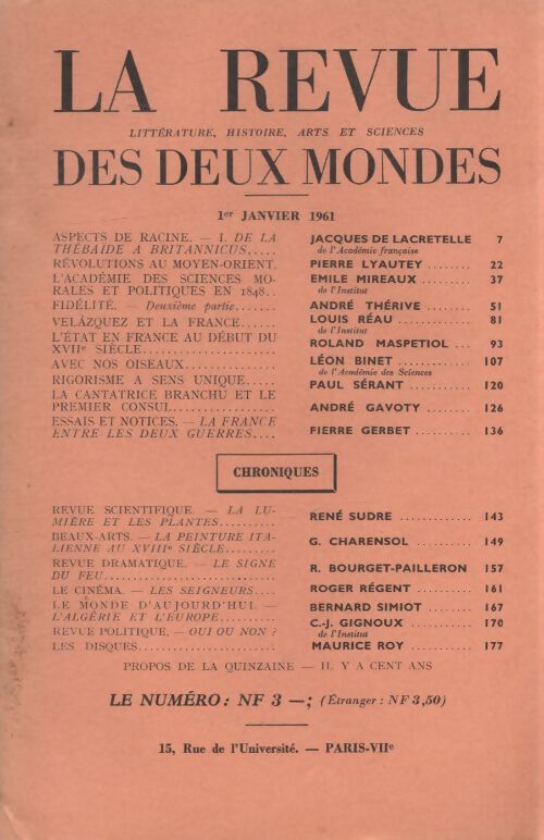 Revue des deux mondes janvier 1961 - Collectif - Livre
