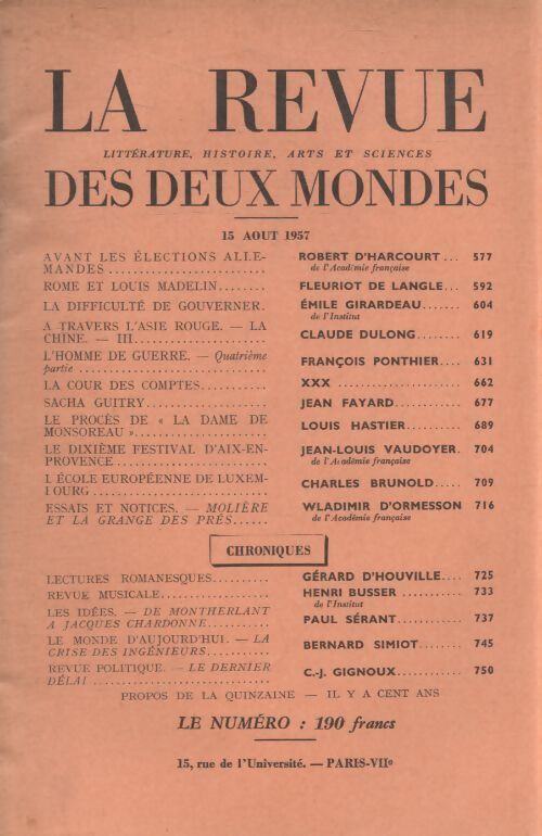 Revue des deux mondes 15 aout 1957 - Collectif - Livre