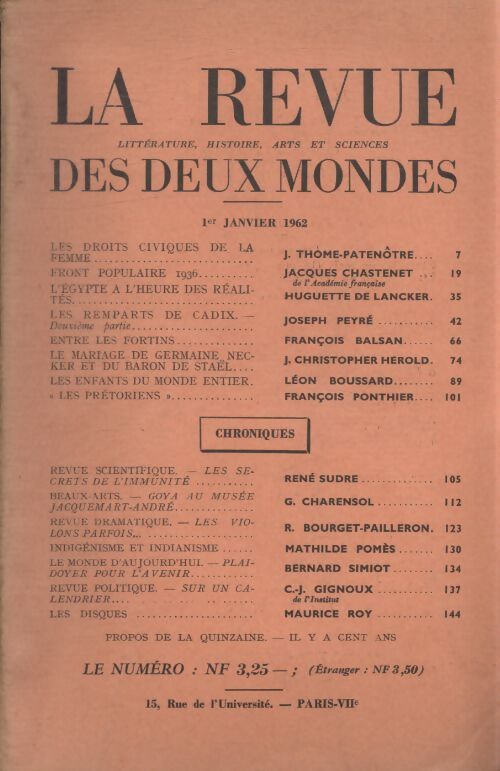 Revue des deux mondes janvier 1962 - Collectif - Livre