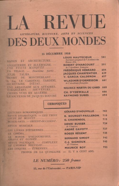 Revue des deux mondes 15 décembre 1958 - Collectif - Livre