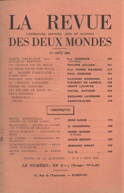 Revue des deux mondes aout 1961 - Collectif - Livre
