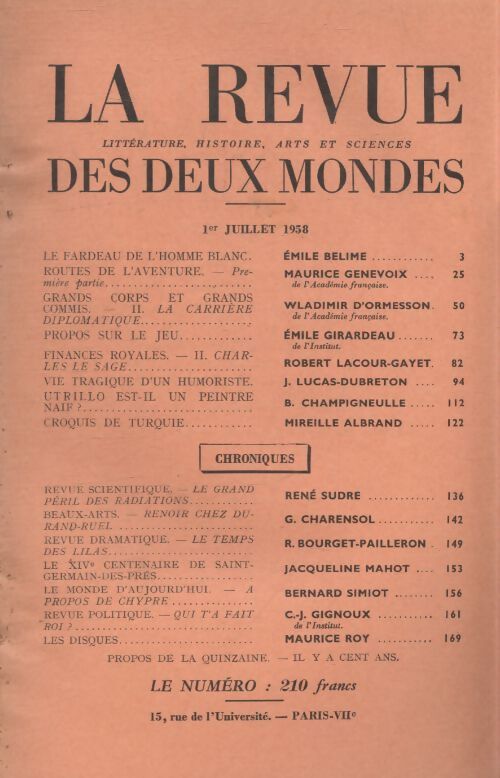 Revue des deux mondes juillet 1958 - Collectif - Livre