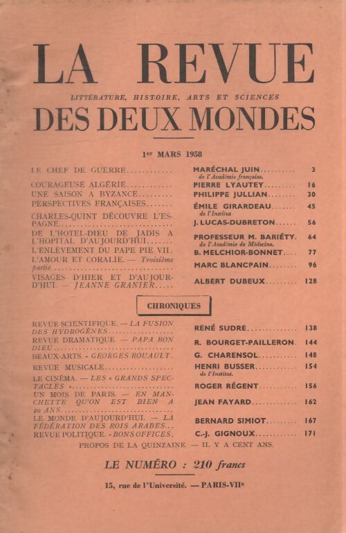 Revue des deux mondes mars 1958 - Collectif - Livre