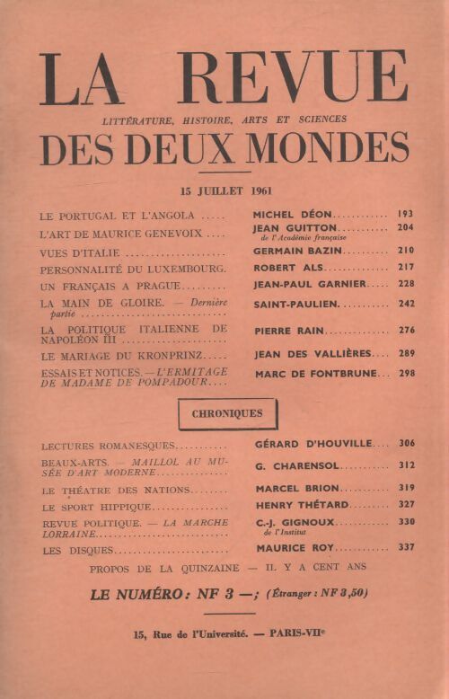 Revue des deux mondes 15 juillet 1961 - Collectif - Livre