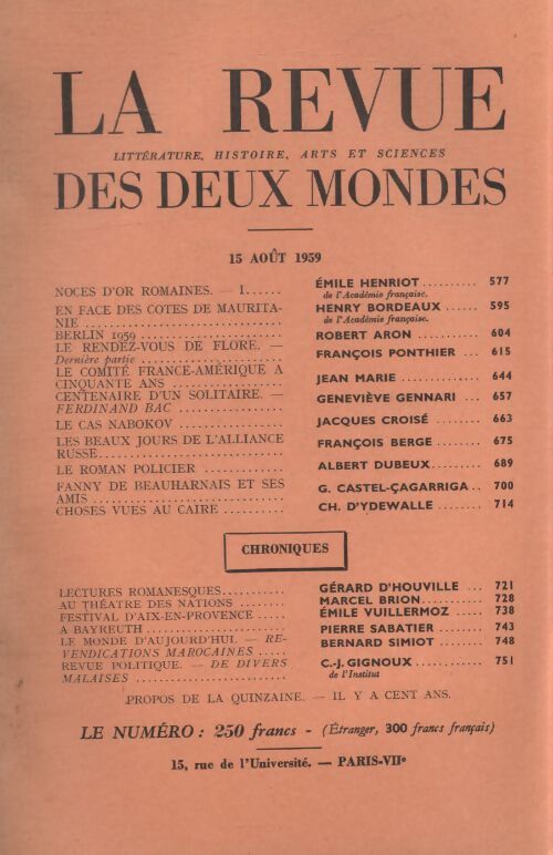 Revue des deux mondes 15 aout 1959 - Collectif - Livre