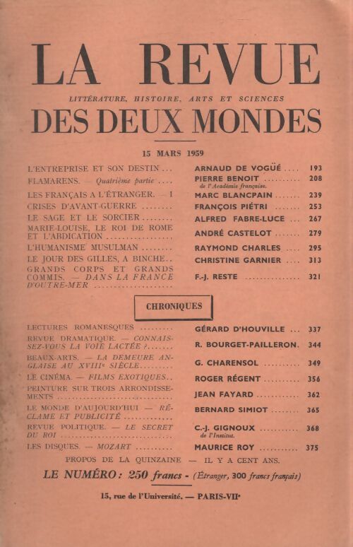 Revue des deux mondes 15 mars 1959 - Collectif - Livre