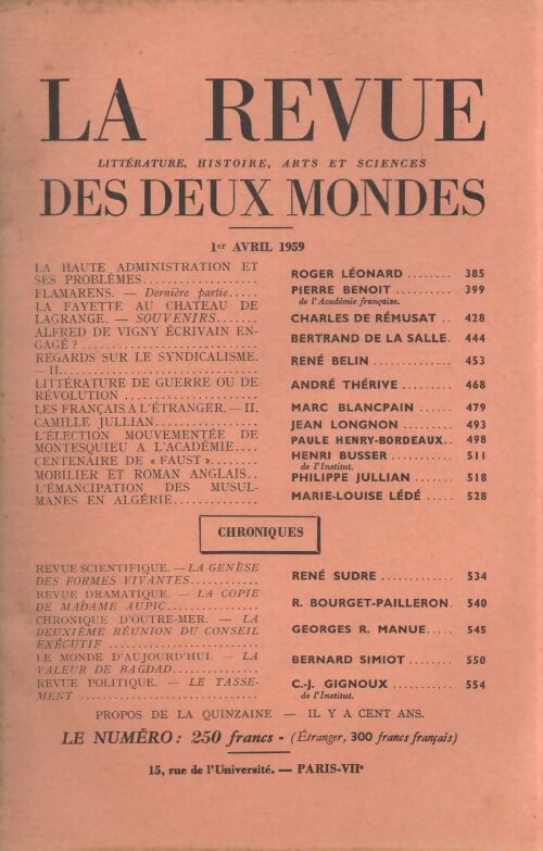 Revue des deux mondes avril 1959 - Collectif - Livre