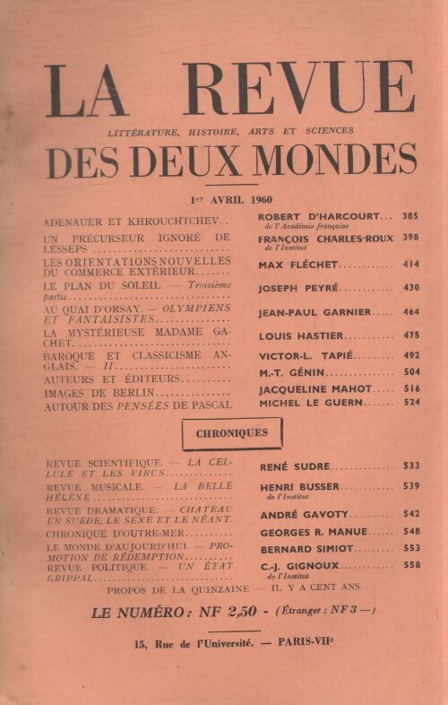 Revue des deux mondes avril 1960 - Collectif - Livre