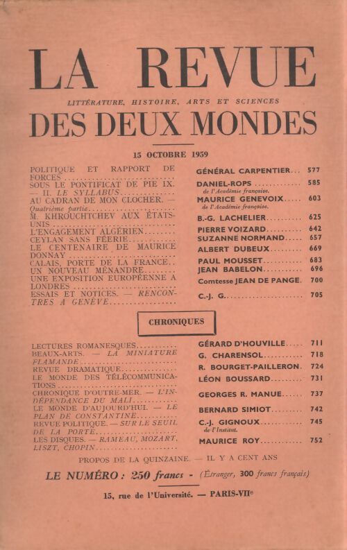 Revue des deux mondes 15 octobre 1959 - Collectif - Livre