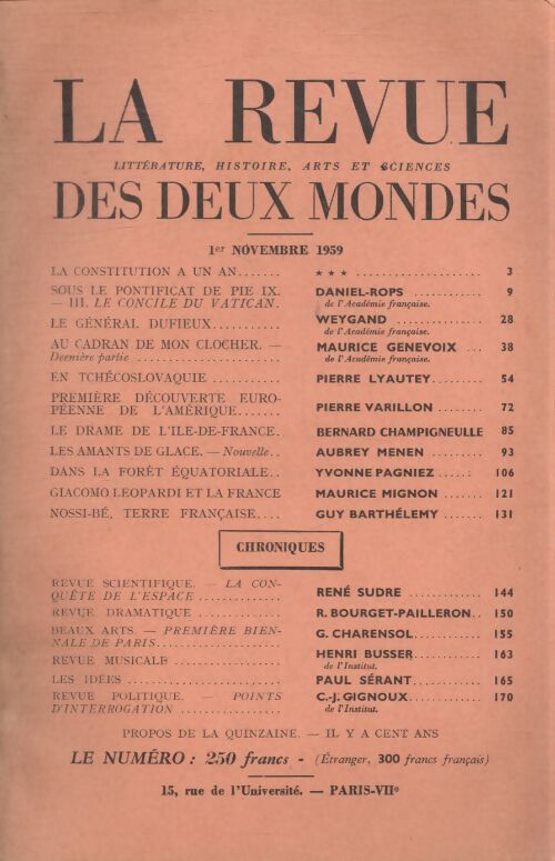 Revue des deux mondes novembre 1959 - Collectif - Livre