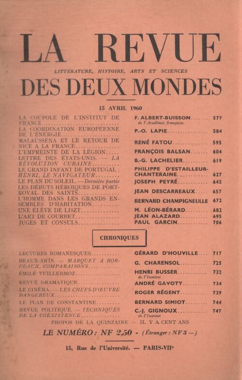 Revue des deux mondes 15 avril 1960 - Collectif - Livre