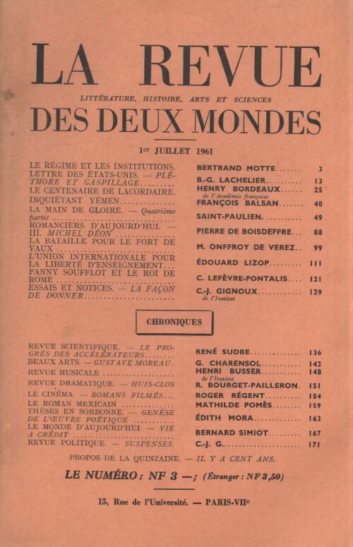 Revue des deux mondes juillet 1961 - Collectif - Livre