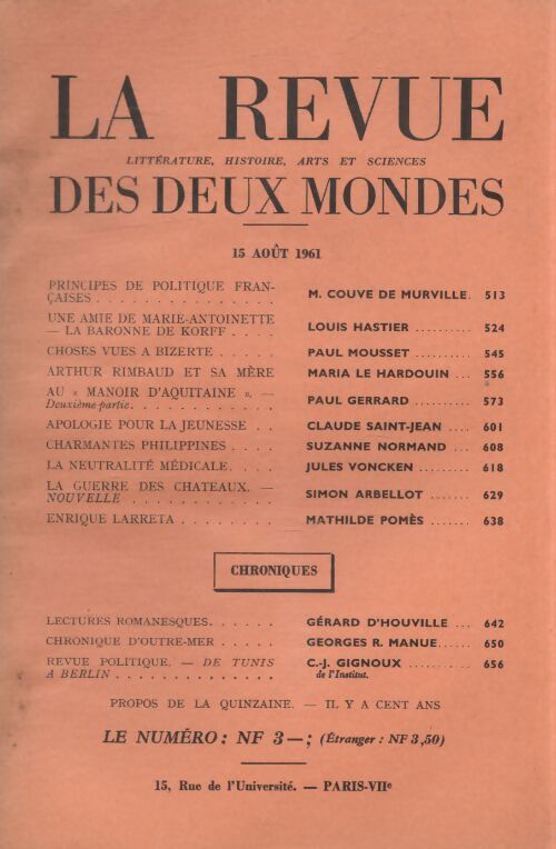 Revue des deux mondes 15 août 1961 - Collectif - Livre