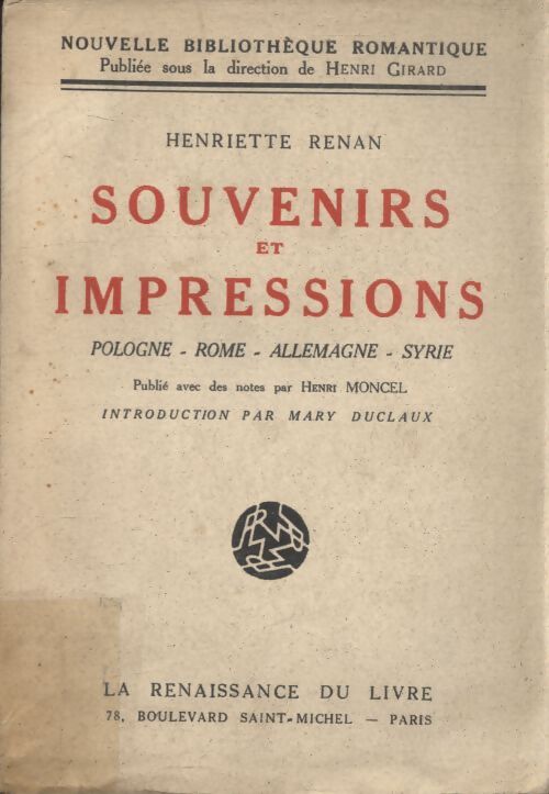 Souvenirs et impressions - Henriette Renan - Livre