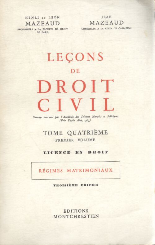 Leçons de droit civil Tome IV 1er volume - Henri Mazeaud - Livre