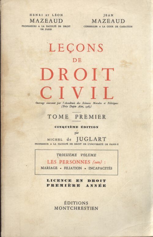 Leçons de droit civil Tome I 3e volume - Michel De Juglart - Livre