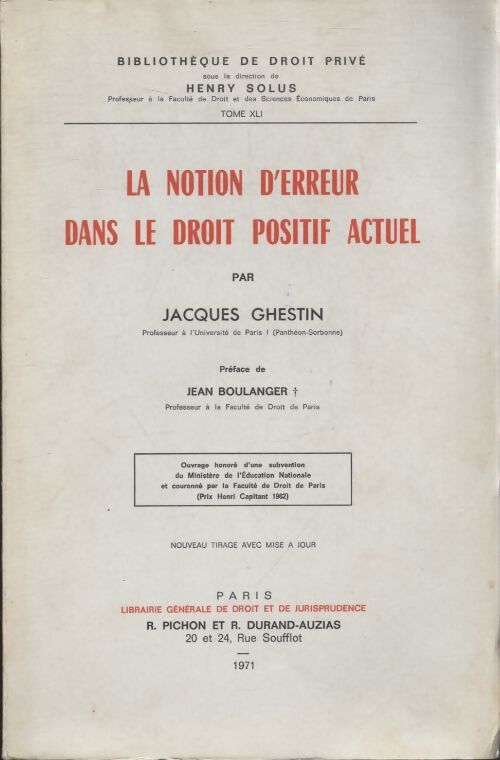 La notion d'erreur dans le droit positif actuel - Jacques Ghestin - Livre