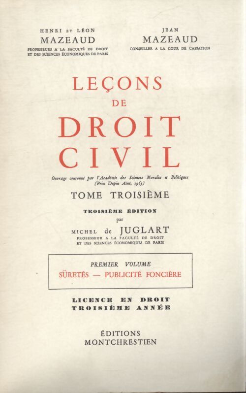 Leçons de droit civil Tome III 1er volume - Michel De Juglart - Livre