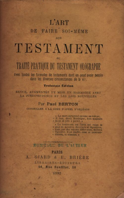 L'art de faire soi-même son testament - Pâul Berton - Livre
