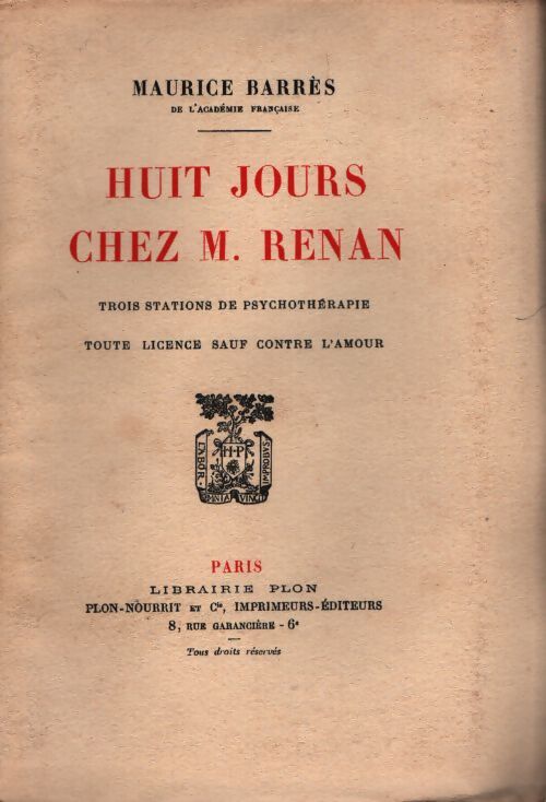 Huit jours chez m. Renan - Maurice Barrès - Livre