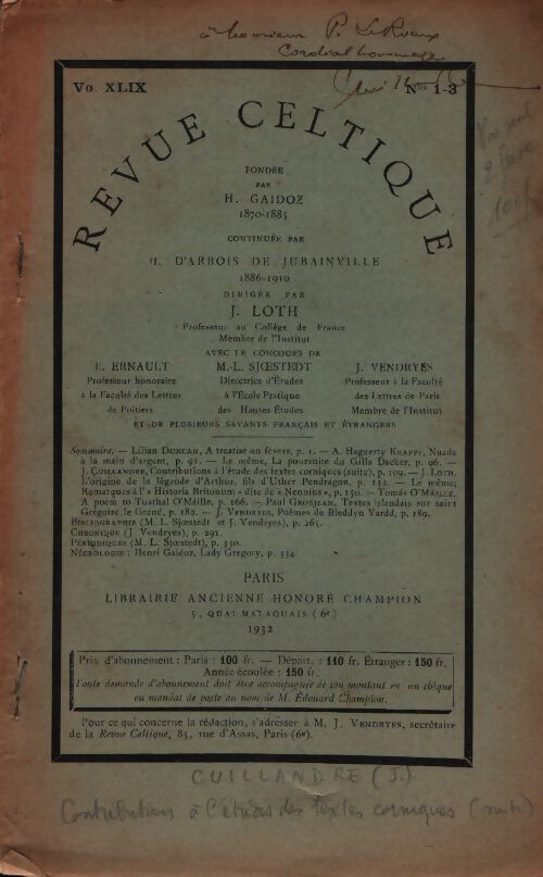 Revue celtique vol XLIX n°1-3 - Collectif - Livre