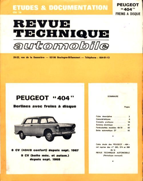 Revue technique automobile : Peugeot 404 freins à disques - Collectif - Livre
