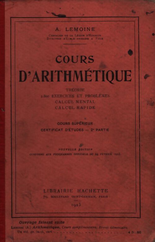 Cours d'arithmétique certificat d'études 2e partie - A. Lemoine - Livre