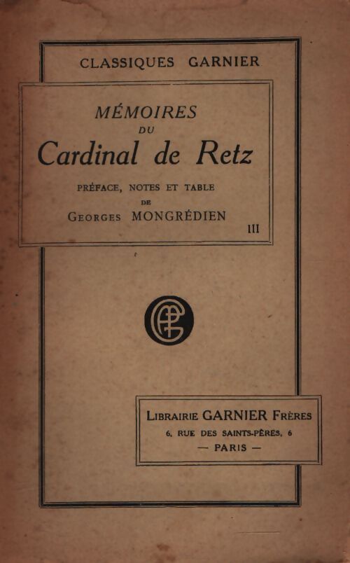 Mémoires du cardinal de Retz Tome III - Cardinal De Retz - Livre