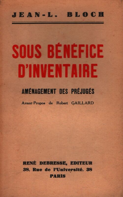 Sous bénéfice d'inventaire - Jean-L Bloch - Livre