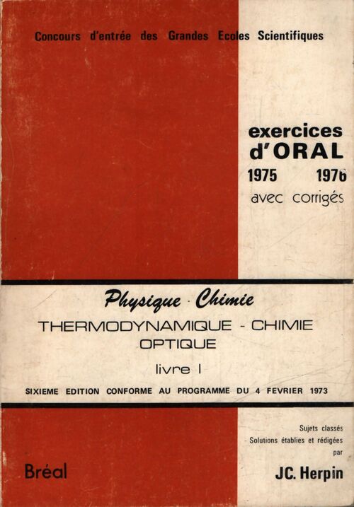 Thermodynamique, chimie, optique Tome I - Jean-Claude Herpin - Livre