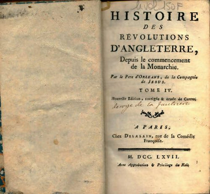 Histoire des révolutions d'Angleterre Tome IV - Père D'Orléans -  Delalain poches divers - Livre